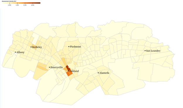 A rotated map of the East Bay. City labels Albany, Berkeley, Piedmont, Emeryville, Oakland, Alameda, and San Leandro. Color-coded sections showing average tax revenue per square foot. Downtown Oakland with the highest revenue. East Oakland and the hills with the lowest revenue.